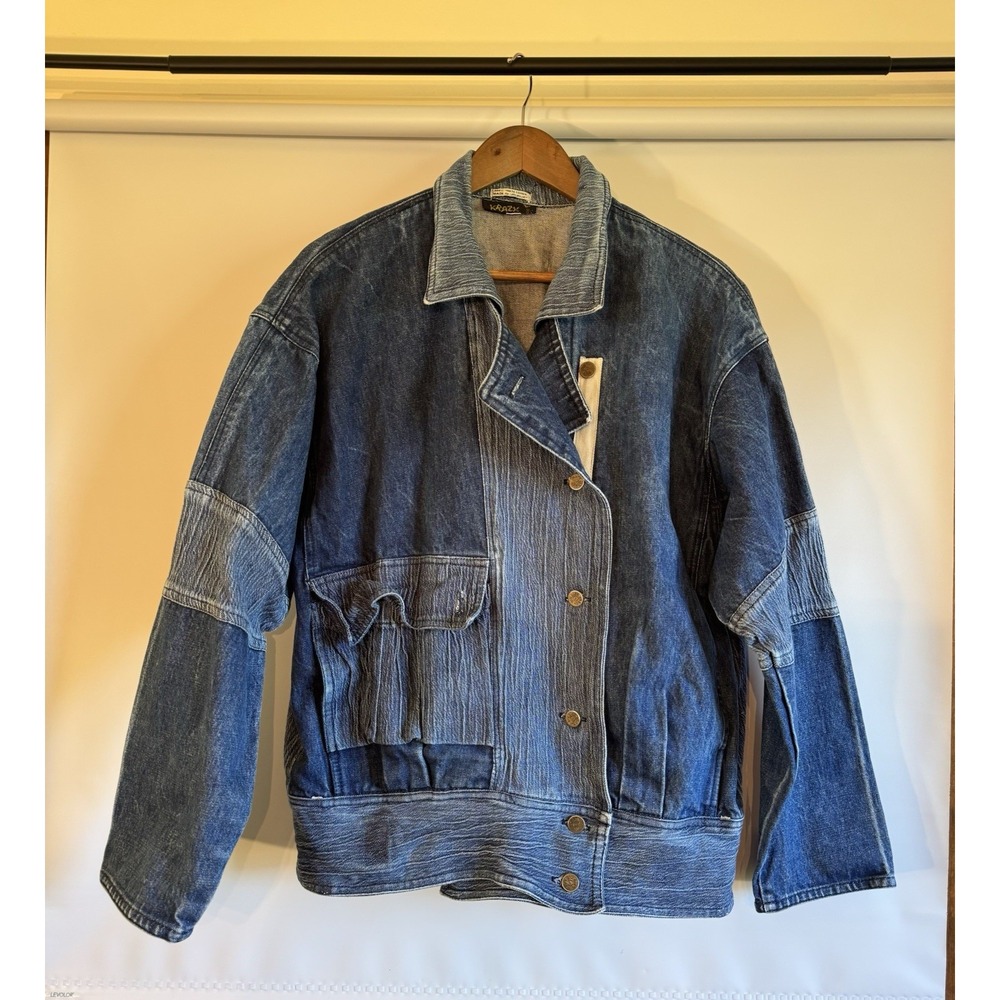 VTG Krazy Krinkle Denim Jean Jacket Women Large Distressed 80s 90s *flaw
